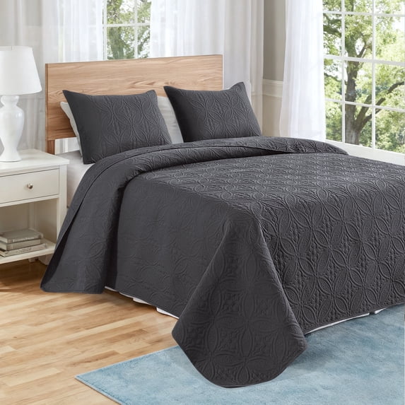 VCCOEM Quilt Set Twin/Twin XL Size Lightweight Bedspreads, All Season Coverlet, 2 Piece (1 Quilt, 1 Pillow Sham), Coin Pattern, Dark Gray