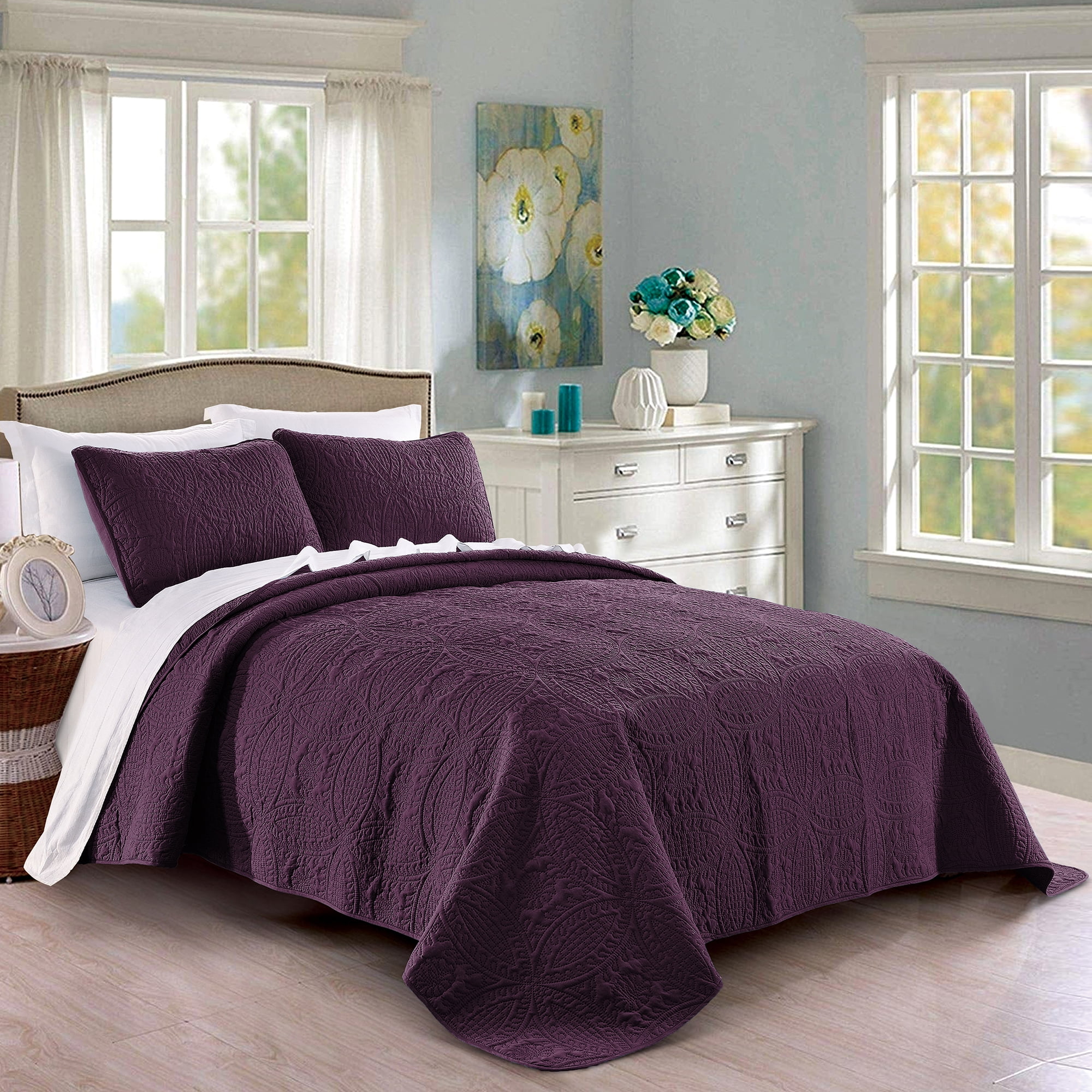 Quilt Set Twin/Twin XL Size Purple - Oversized Bedspread - Soft ...