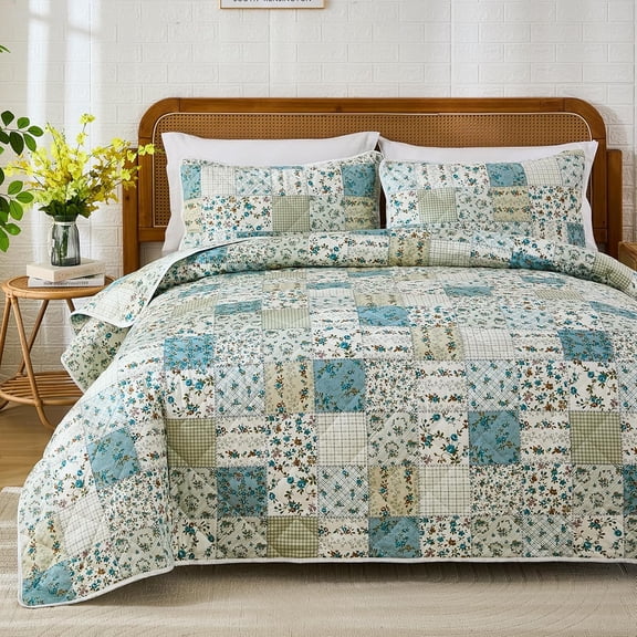 Quilt Set for Bed - 100% Cotton Quilts , Green, Sage Bedspreads with 2 Pillowcases, 3 Pcs Patchwork Reversible Lightweight Bedding for All Season