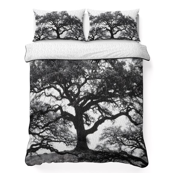 Quilt Sets King Size Oak Tree Forest Comforter Set Soft Bedspread Coverlet 3 Pieces Black Deep Roots Branches Quilted Bedding Set with 2 Pillowcases Thin Comforter Bed Cover 96x106 Inch