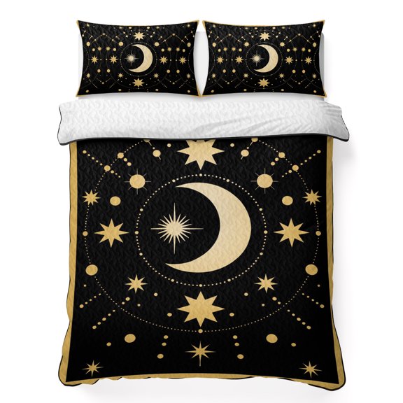 Quilt Sets Queen Size Stars Moon Comforter Set Soft Bedspread Coverlet 3 Pieces Black Bohemian Gorgeous Starry Night Quilted Bedding Set with 2 Pillowcases Thin Comforter Bed Cover 90x96 Inch