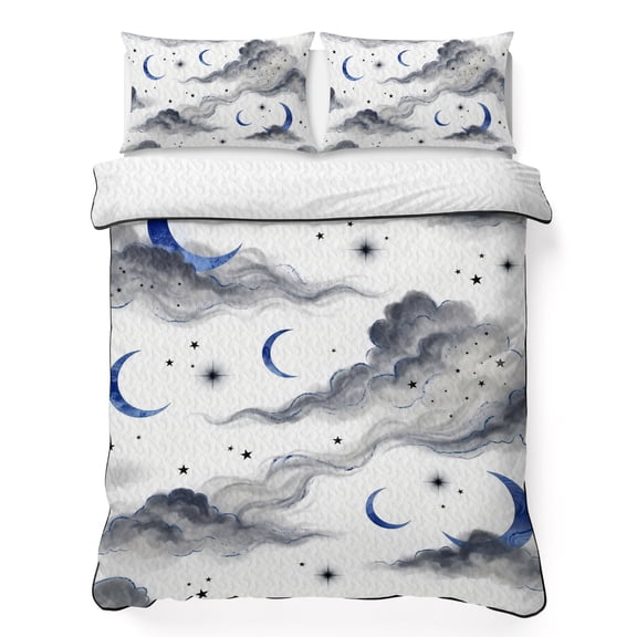 Quilt Sets Twin XL Size Dreamy Starry Night Comforter Set Soft Bedspread Coverlet 3 Pieces Cloud Twinkling Stars Moon Quilted Bedding Set with 2 Pillowcases Thin Comforter Bed Cover 68x98 Inch