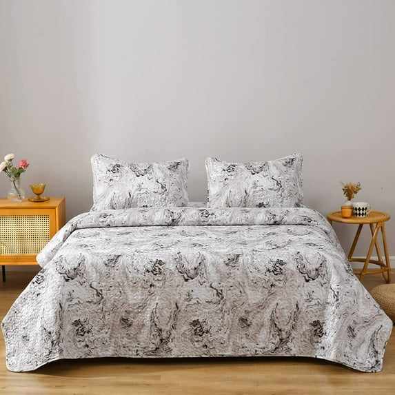 Quilt Sheet Set Bed in a Bag 5 Pieces Twin Size White Marble Microfiber Bedding Set (1 Quilt 1 Pillow Sham 1 Flat Sheet 1 Fitted Sheet 1 Pillowcase)