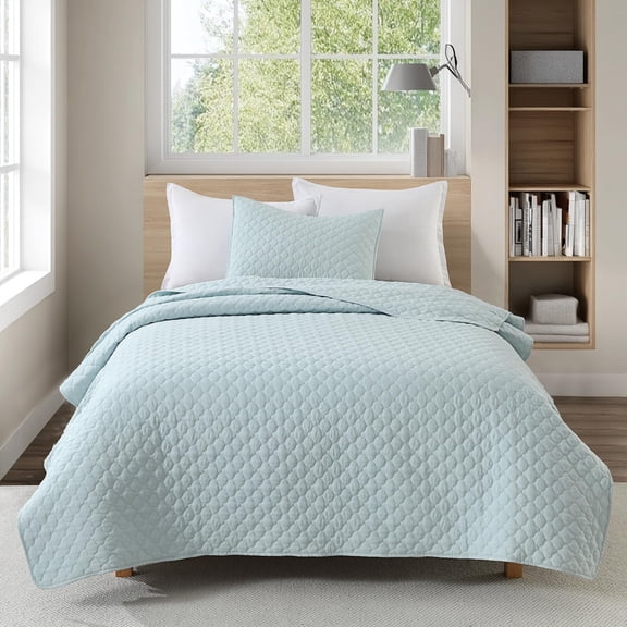 Quilt Size Aqua Blue Lightweight For Summer Ultra-softfiber Modern Style Quilted Clouds Pattern Bedspread Quit Set 2 Pieces (1 And 1ow Sham)