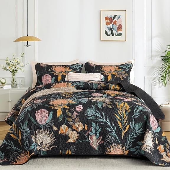 Quilt  Size Black, 3 count Boho Floral Bedspread Bedding for  Size Bed, Soft Lightweight Microfiber Coverlet Set for  Season Quilt with 2 Pillowcases