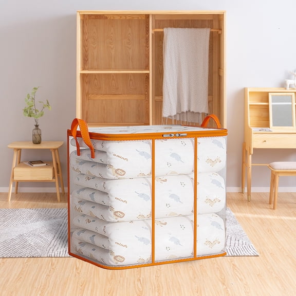Quilt Storage Bag Moving Luggage Packing Box - Large Capacity P.VC Transparent Clothing Organizer, Humidity & Waterproof, Orange 17.32x13.39x9.84 inch