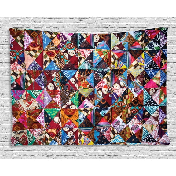 Quilt Tapestry, Image Print of a Cultural Tile Pattern from Bali Indonesia Floral and Rich in Color, Wall Hanging for Bedroom Living Room Dorm Decor, 60W X 40L Inches, Multicolor, by Ambesonne