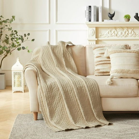 Quilt Throw Blanket, Bedspread Quilted, Reversible Lightweight Blanket for Couch Sofa All Season, 1 Pieces (Beige, 50"x60" Blanket)