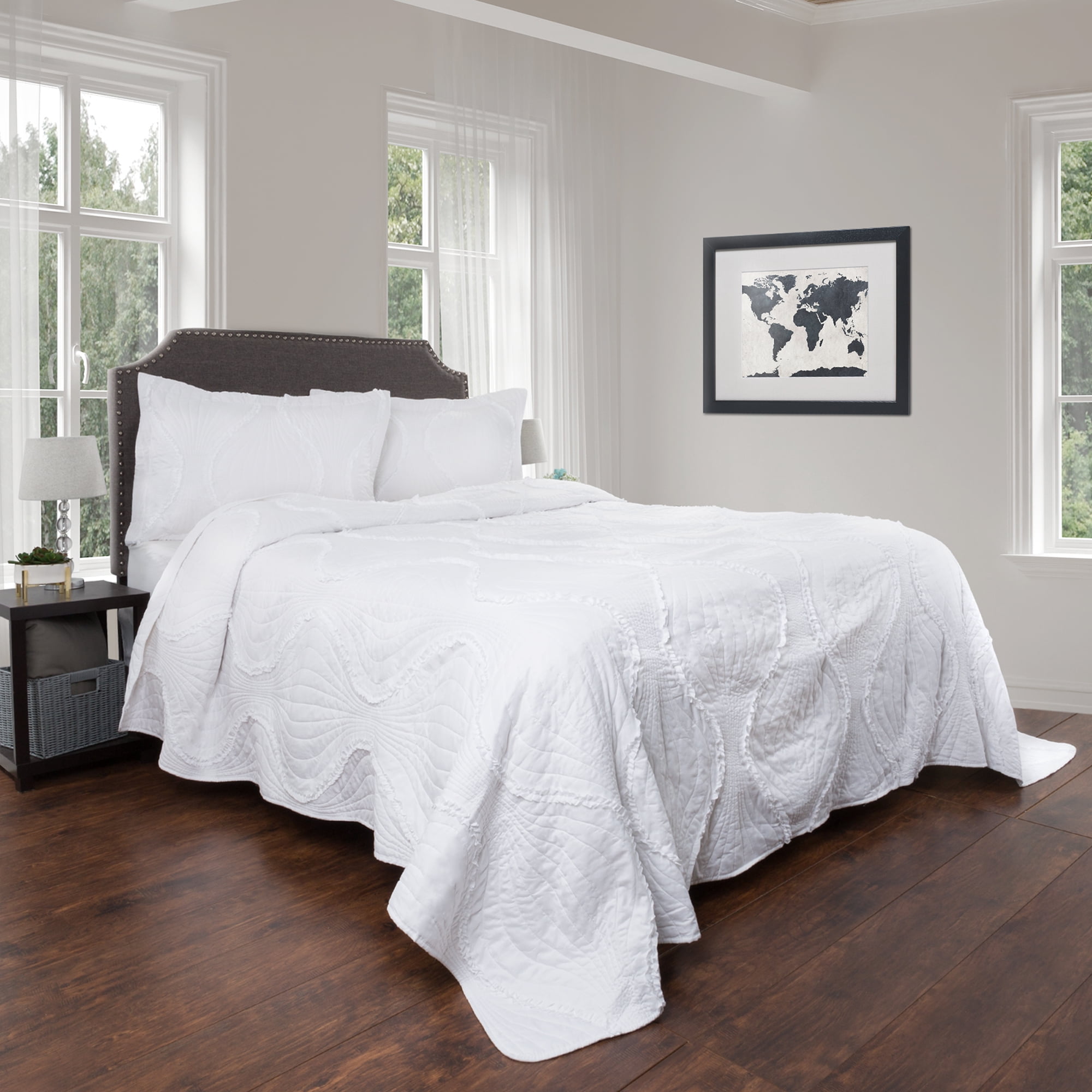 Quilt and Sham Set- Hypoallergenic 2 Piece Oversized Twin Quilt Bed Set with Curved Ruffle ...