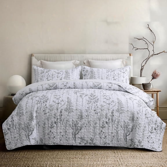 SLEEPBELLA White Quilt Set California King Size 3Pcs, White Printed with Black Botanical Pattern, All Season Lightweight Coverlet Sets(California King 112x104, White Botanical)