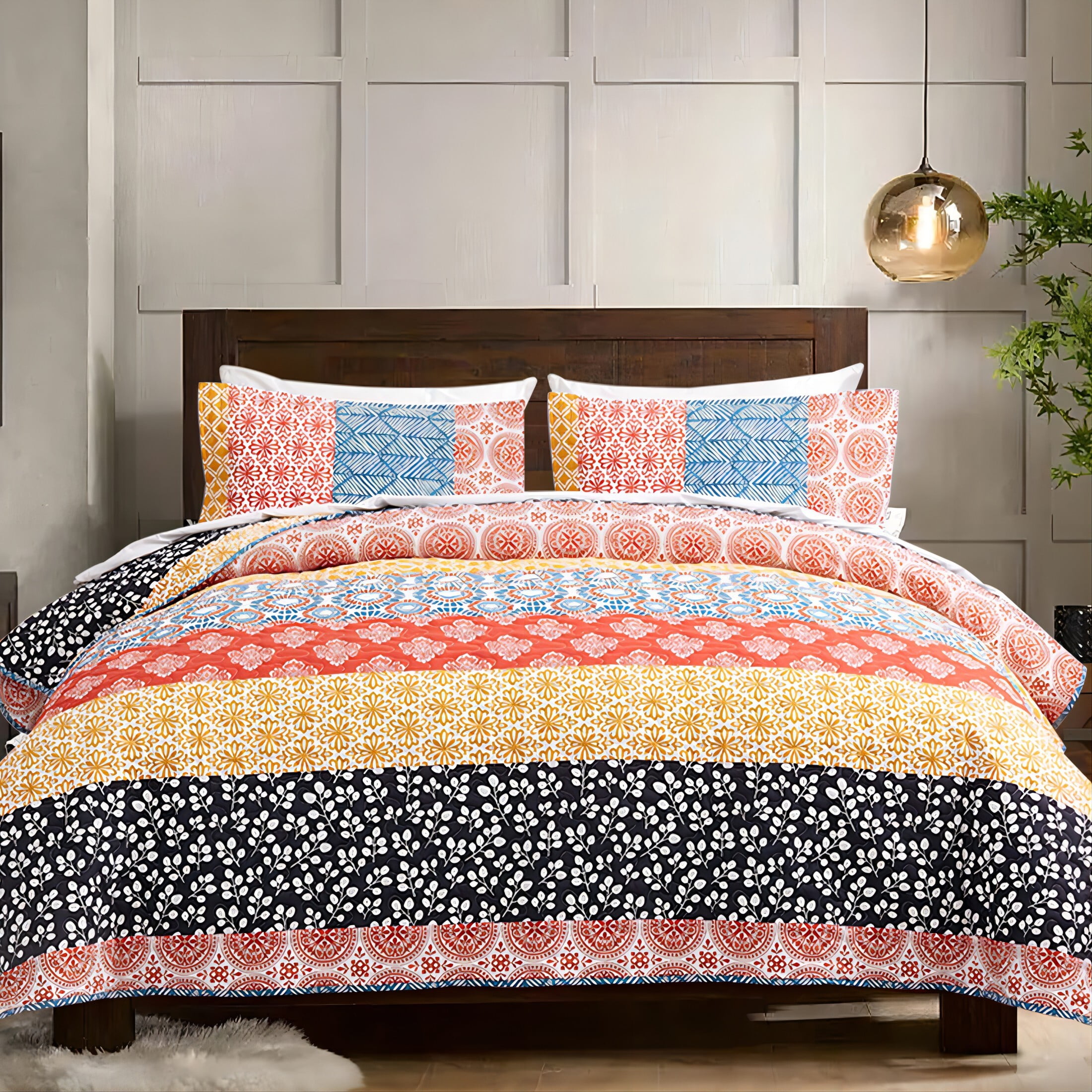 SLEEPBELLA Red Quilt Set California King Size 3Pcs, Colorful Boho Design with Red Bohemian Striped Pattern, All Season Lightweight Coverlet Sets(California King 112x104,Red Bohemian)