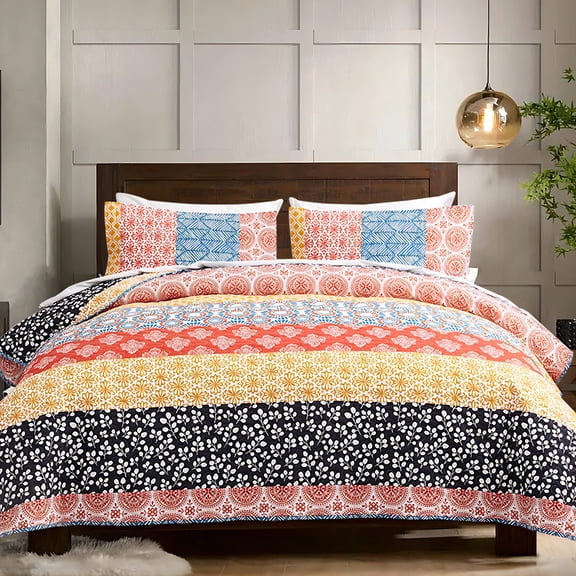 SLEEPBELLA Red Quilt Set California King Size 3Pcs, Colorful Boho Design with Red Bohemian Striped Pattern, All Season Lightweight Coverlet Sets(California King 112x104,Red Bohemian)