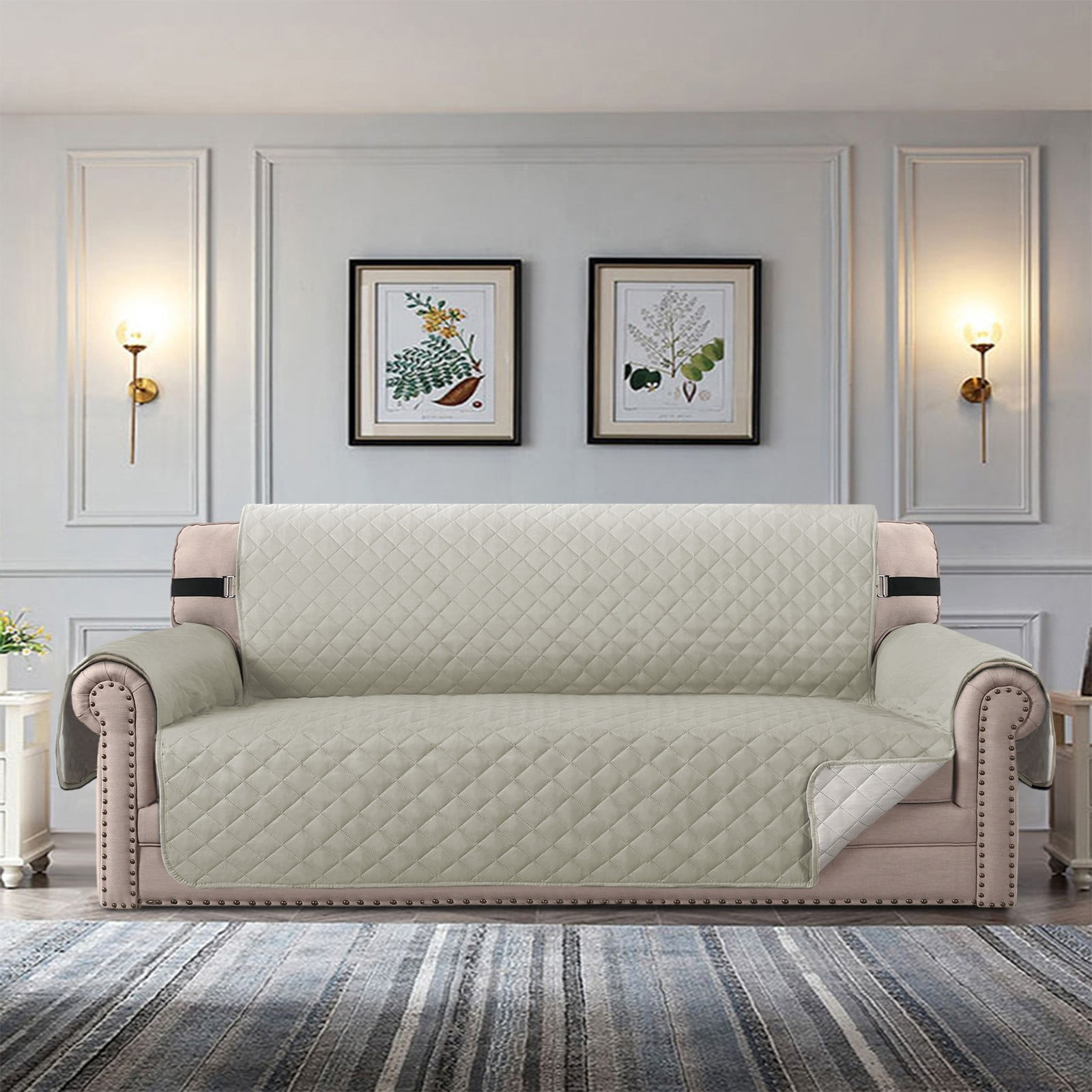 Quilted 3 Seater Sofa Cover Slipcover, Furniture Protector for Couch, Polyester Home Decor (Beige)