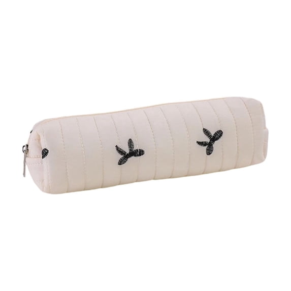 Quilted Aesthetic Pencil Pouch with Bow Embroidery, Slim Soft Padded Pencil Case for Office Desk Travel Makeup Brush Storage, 8.27 Inch