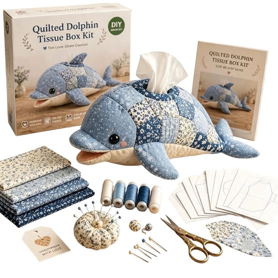 Quilted Animal Tissue Box Sewing Kit, Precut Fabric Patchwork Craft for Beginners to Make A Stuffed Decorative Tissue Holder and Gift