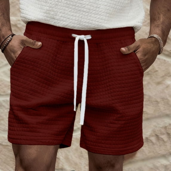 Quilted Athletic Shorts for Men Elastic Drawstring Waist Sweatshorts Textured Soft Knit Trousers Relaxed Fit Lounge Bottoms Gym Training Streetwear