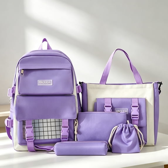 Quilted Backpack 5-in-1 Set with Matching Accessories Lightweight Multi Pocket School Kit for Age 6t 8t 10t, 12th 14th