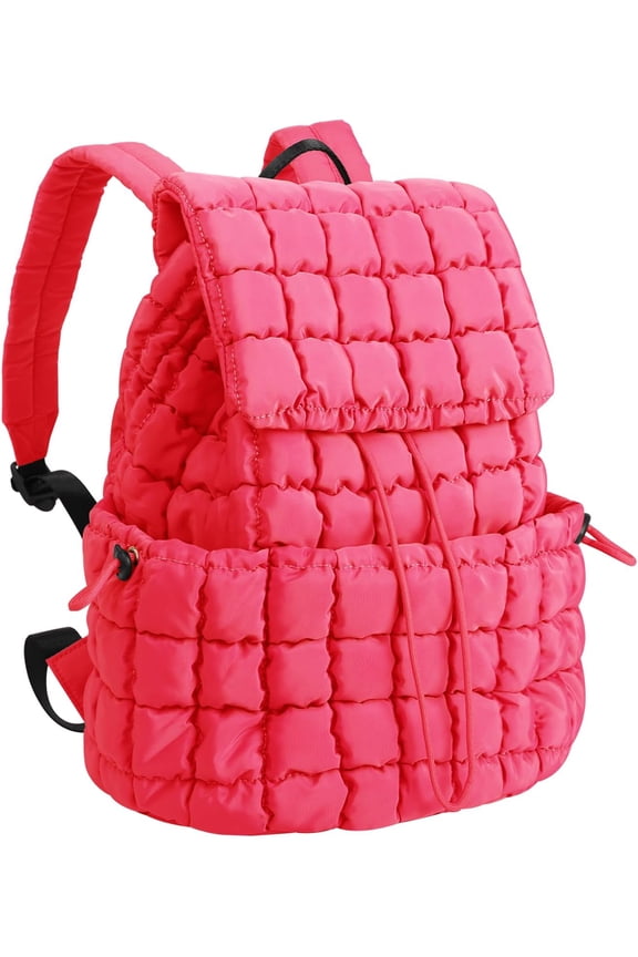Quilted Backpack Purse for Women Small Lightweight Puffer Puffy College Laptop Backpack Nylon Casual Bookbag Daypack Top Flap Drawstring Padding Hiker Travel Gym Backpack(Rosered)