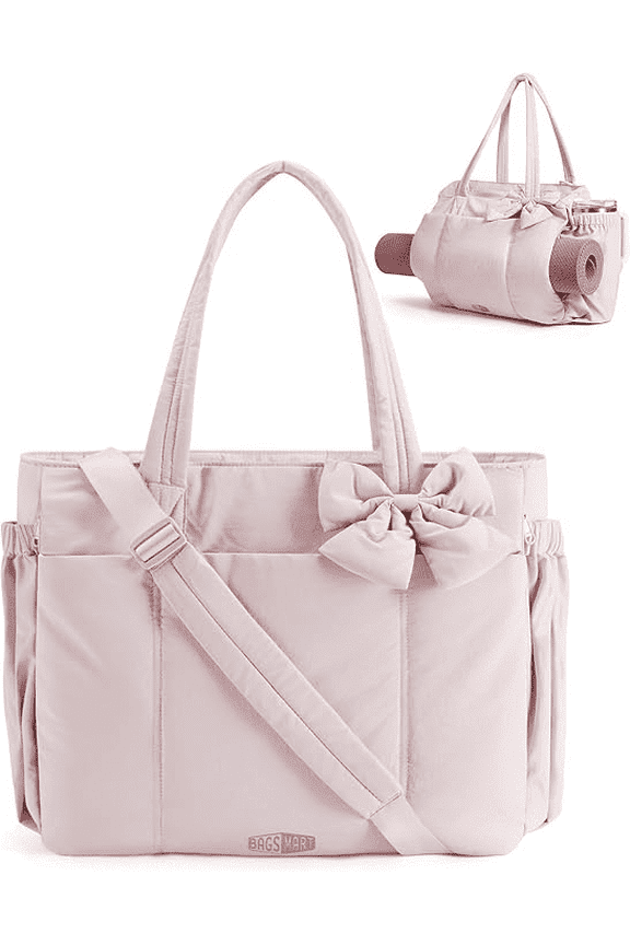 Crush Bow Tote Bag for Women 15.6" Laptop Friendly Lightweight Puffy Handbag with Removable Bow & Multiple Compartments for Travel Work Beach Gym 23L Capacity TikTokShopBlackFriday