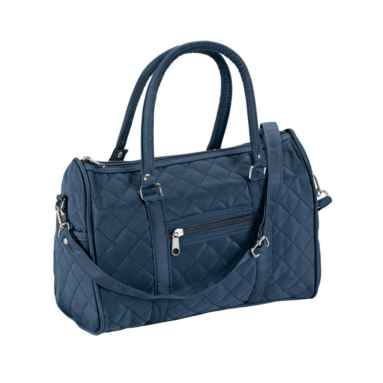 Quilted Barrel Handbag, 1 Zip Pocket and Two Side Pockets, Women’s Fashion,  Silver Tone Hardware, Detachable Shoulder Strap, 100% Microfiber Polyester