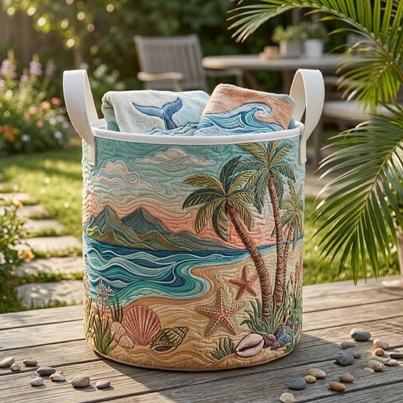Quilted Beach Laundry Basket, Coastal Seashell Storage Bin, Tropical Summer Hamper