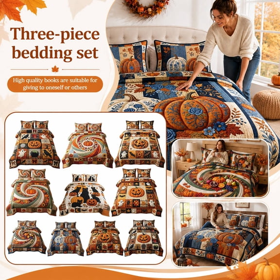 Quilted Bedding Set, Halloween Bedding, Halloween Decorations for Bedroom, Indoor Halloween Decorations, Halloween Pumpkin Black Cat Print Quilted Bedspread with Pillow Set of 2,