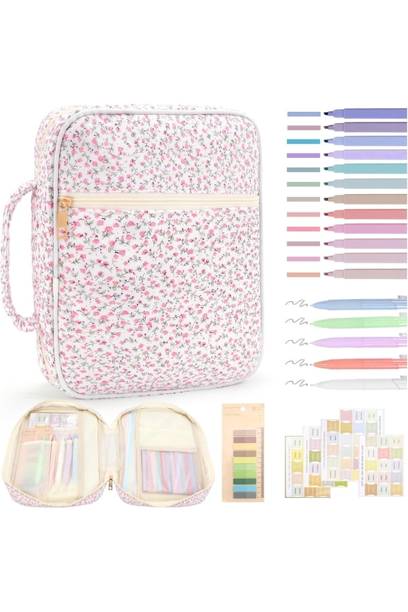 Quilted Bible Book Tote, Large Capacity Lightweight Clutch Bag with Multiple Pockets, Durable Washable Cover for Church, Travel, Study & Gift Giving,Patchwork flower，Pink floral fragments