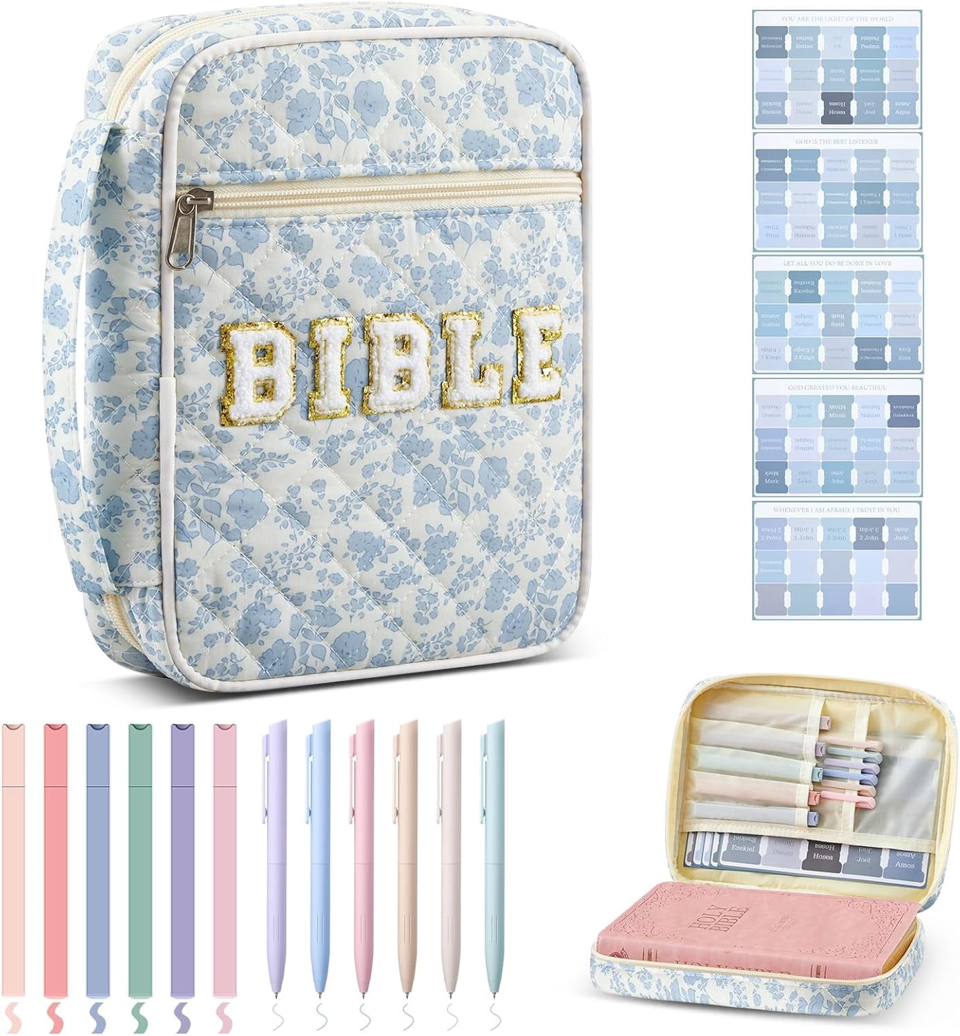Quilted Bible Cover Case for Women Large Carrying Bag Book Tote Bags Bible Bag with Handle Bible Study Supplies Christian Gifts  for Church Religious with Organizer Tabs 6 Colored Pens 6 Highlighters