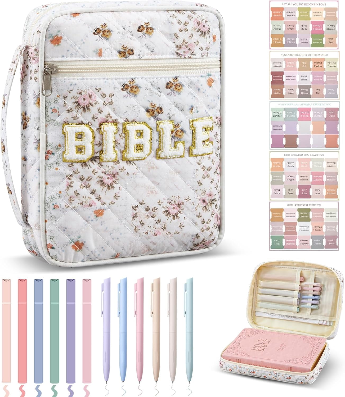 Quilted Bible Cover Case for Women Large Carrying Bag Book Tote Bags Bible Bag with Handle Bible Study Supplies Christian Gifts  for Church Religious with Organizer Tabs 6 Colored Pens 6 Highlighters