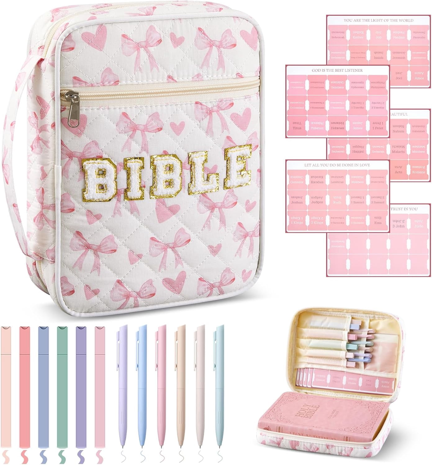 Quilted Bible Cover Case for Women Large Carrying Bag Book Tote Bags Bible Bag with Handle Bible Study Supplies Christian Gifts  for Church Religious with Organizer Tabs 6 Colored Pens 6 Highlighters