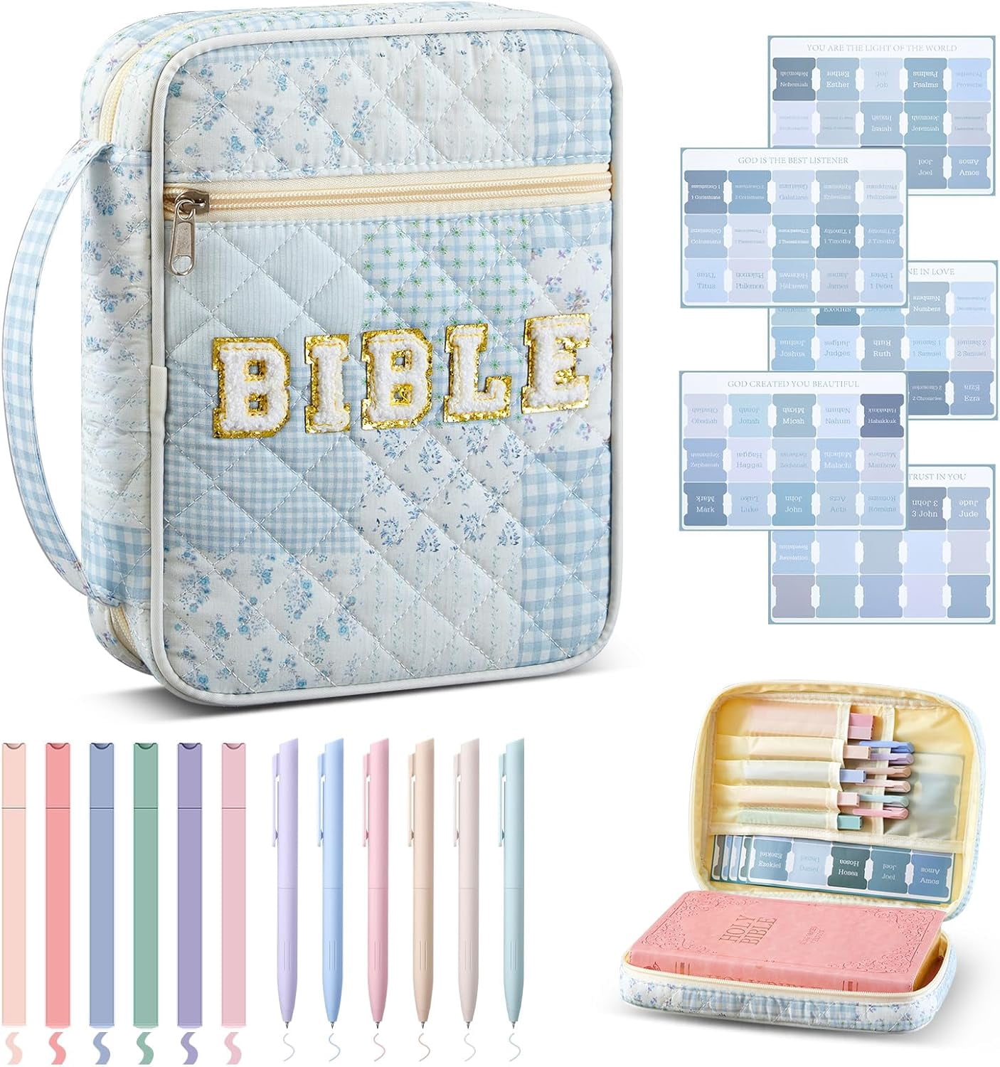 Quilted Bible Cover Case for Women Large Carrying Bag Book Tote Bags Bible Bag with Handle Bible Study Supplies Christian Gifts  for Church Religious with Organizer Tabs 6 Colored Pens 6 Highlighters