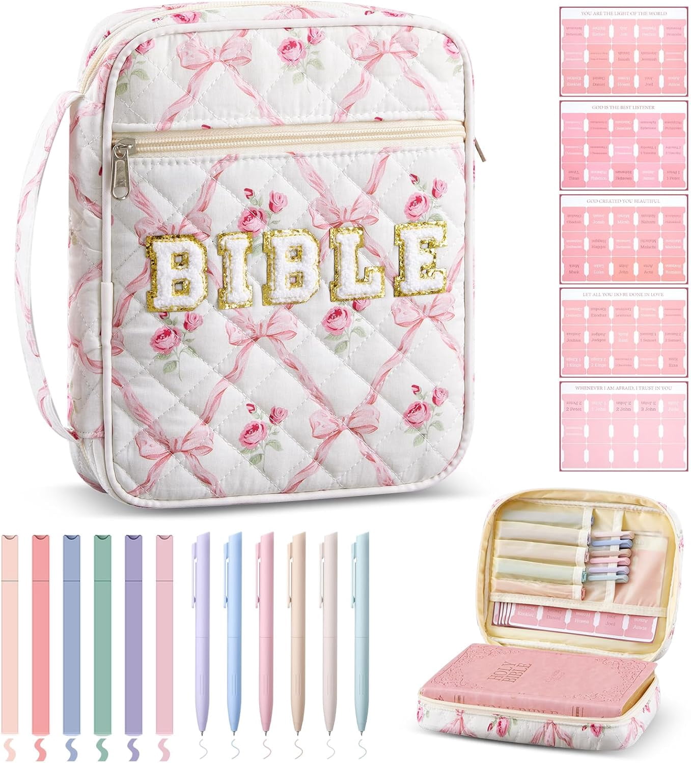 Quilted Bible Cover Case for Women Large Carrying Bag Book Tote Bags Bible Bag with Handle Bible Study Supplies Christian Gifts  for Church Religious with Organizer Tabs 6 Colored Pens 6 Highlighters