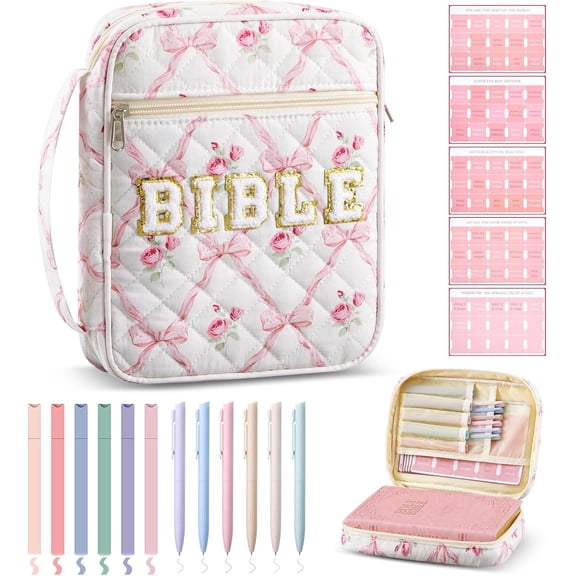 Quilted Bible Cover Case for Women Large Carrying Bag Book Tote Bags Bible Bag with Handle Bible Study Supplies Christian Gifts for Church Religious with Organizer Tabs 6 Colored Pens 6 Highlighters