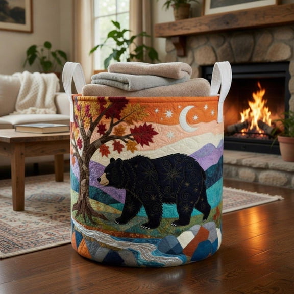 Quilted Black Bear Storage Basket | Autumn Mountain Fabric Laundry Hamper | Rustic Cabin Blanket Storage Bin | Fall Housewarming Gift