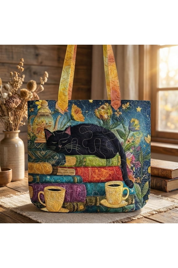 Quilted Black Cat Tote Bag, Book Lover Cat Floral Patchwork Tote, Gift for Cat Lovers