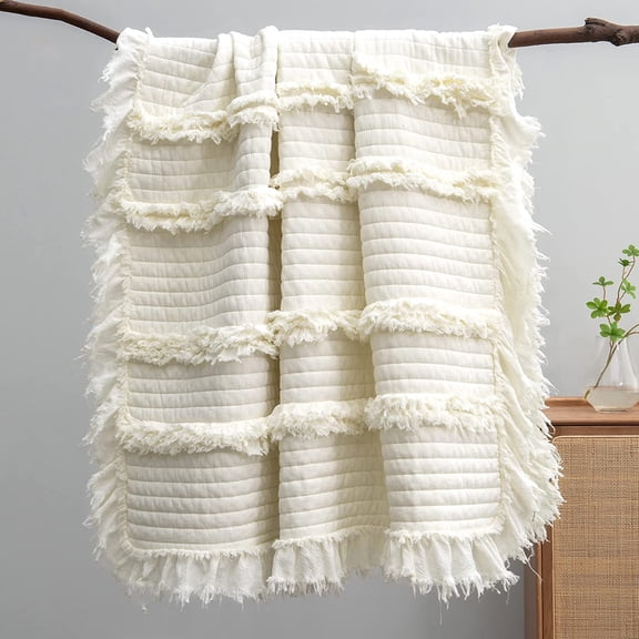 Quilted Boho Cream Twin Size Microfiber Blanket with Ruffle Fringe 60"x80"