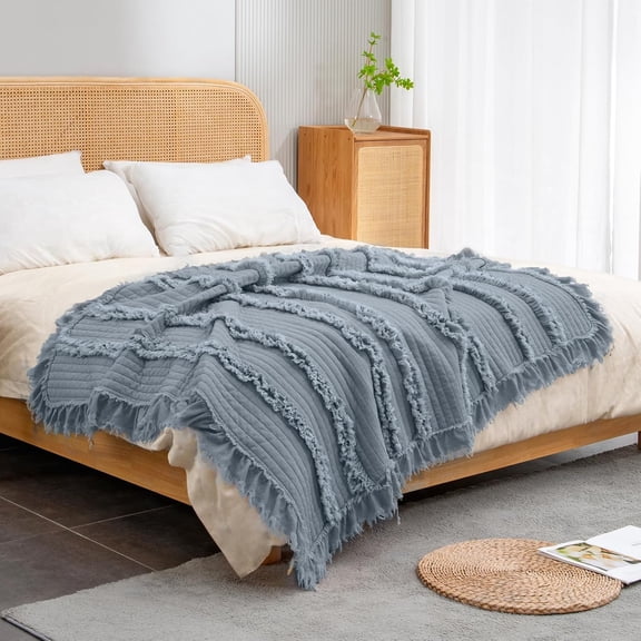 Quilted Boho Dark Blue King Size Microfiber Blanket with Ruffle Fringe 104" x 90"