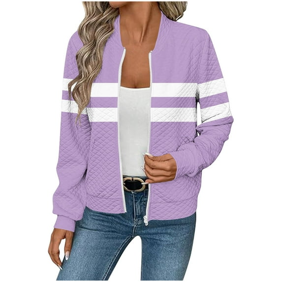 Quilted Bomber Jacket for Womens Fashion Color Block Full Zip Fall Cropped Coats Striped Casual Jackets with Pockets