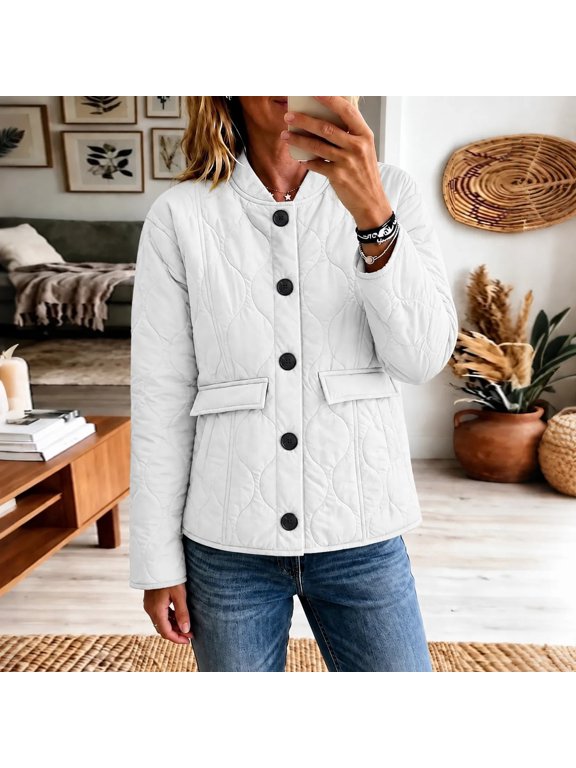 Quilted Bomber Jackets Women Band Collar Button Down Wave Quilted with Pockets Fall Winter Warm Casual Lightweight Padded Coat,S-3XL
