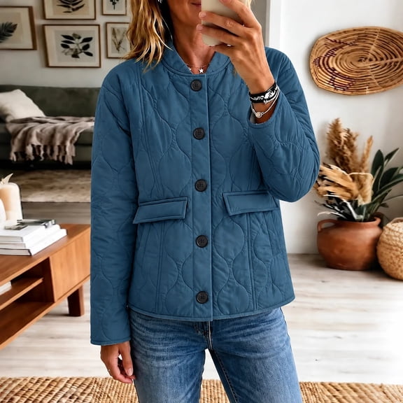 Quilted Bomber Jackets Women Band Collar Button Down Wave Quilted with Pockets Fall Winter Warm Casual Lightweight Padded Coat,S-3XL
