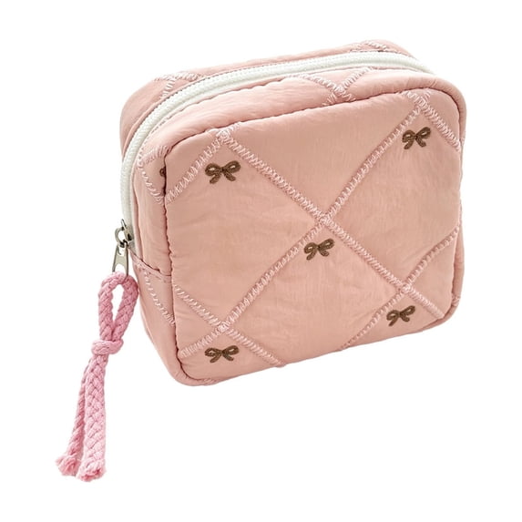 Quilted Bow Makeup Bag 4.33X4.33X1.96 Inch Portable Cosmetic Organizer Pouch with Sturdy Zipper for Sanitary Napkins And Daily Essentials, Travel Toiletry Case for Girls And Women