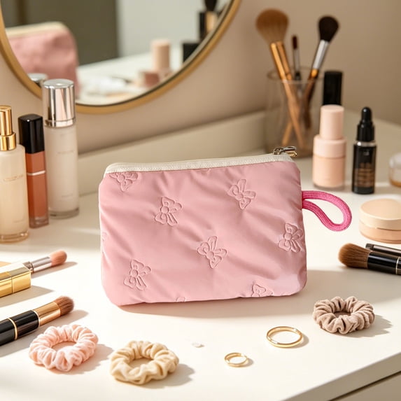 Quilted Bow Makeup Bag, Small Cosmetic Pouch with Zipper, Portable Coin Purse for Campus Daily Carry