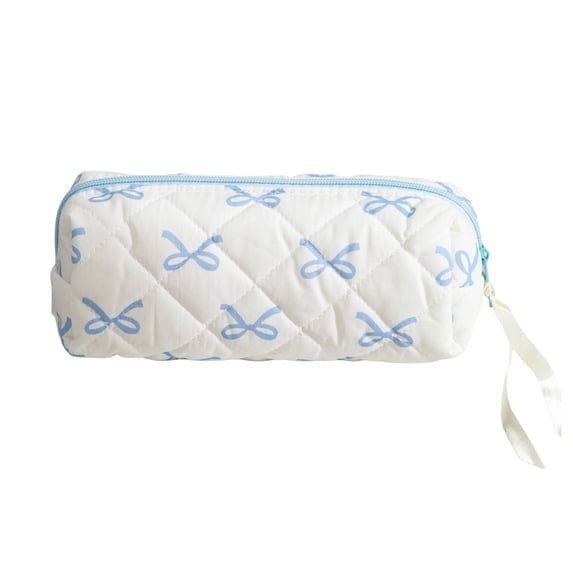 Quilted Bow Pencil Pouch Large Capacity Soft Stationery Storage Bag for Brushes Pencils and Travel Makeup Blue