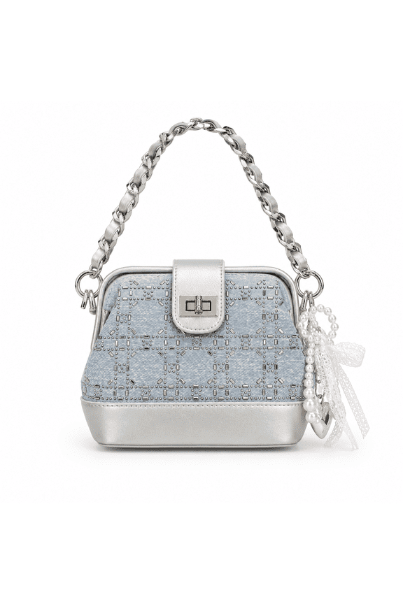 Quilted Box Handbag for Women, Cowhide Leather Small Square Purse with Rhinestone Accent, Top Handle Chain Crossbody Shoulder Bag for Date Night, Party, Shopping, Commute