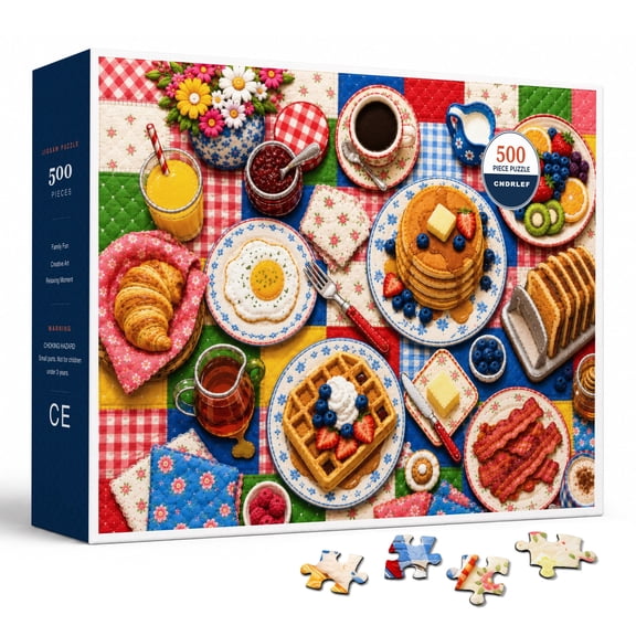 Quilted Breakfast Table 500 Piece Jigsaw Puzzle for Adults with Pancakes, Waffles, Berries, Coffee, Toast and Patchwork Picnic Charm in Colorful Clay Style for Cozy Food Lovers and Weekend Leisure