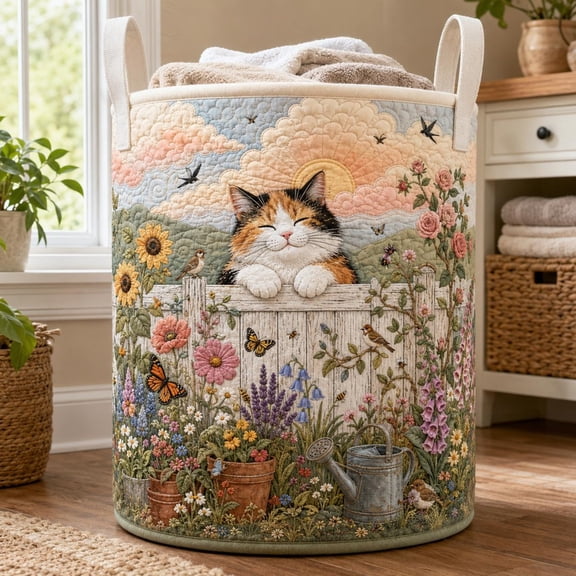 Quilted Calico Cat Laundry Basket, Cottagecore Floral Clothes Hamper