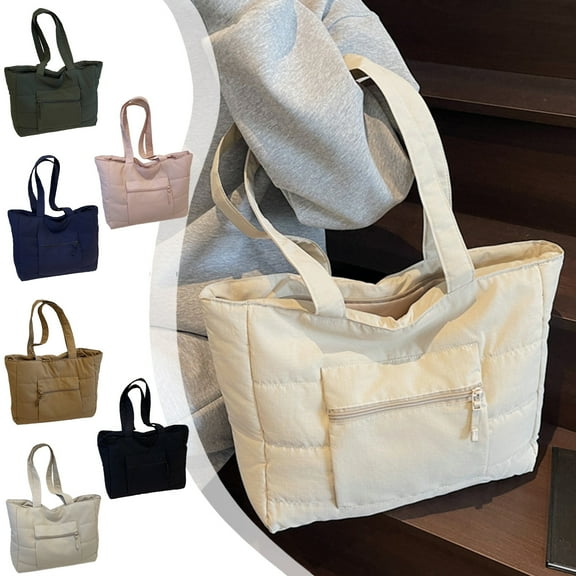 Quilted Canvas Computer Bag Tote | One Shoulder Large Capacity Laptop Handbag | Lightweight Casual Travel Work Purse with Zipper Pocket | Fits 25.5x17.3x3.57 in | 220g | Beige Navy Green Black Pink