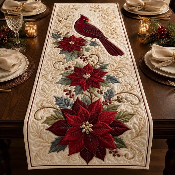 Quilted Cardinal Poinsettia Table Runner, Winter Floral Holiday Dining Table Art