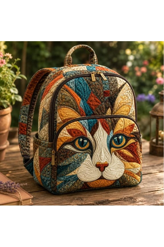 Quilted Cat Backpack, Artistic Patchwork Cat Face Backpack, Cat Lover Gift, Quilted Travel Bag, Unique Cat Backpack, Handmade Style Book Bag