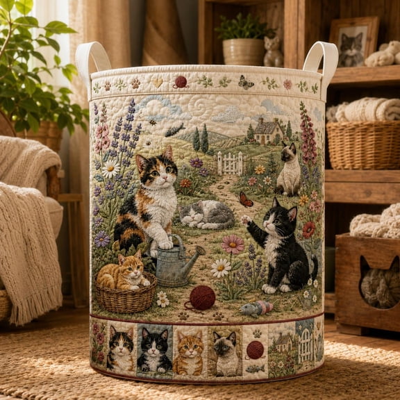 Quilted Cat Garden Laundry Basket, Handmade Fabric Hamper, Decorative Storage Bin